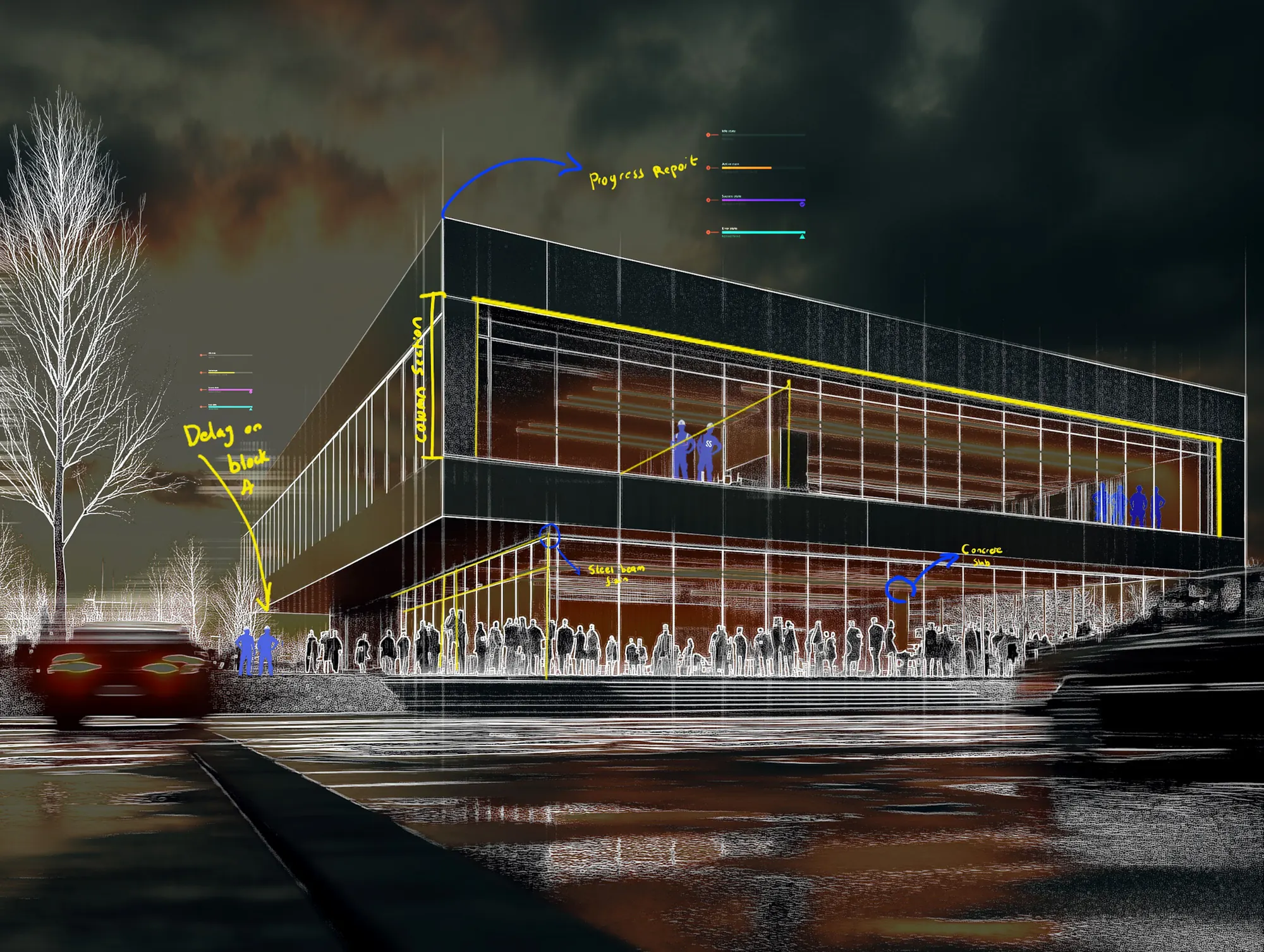 The building with delays and issues marked on each floor