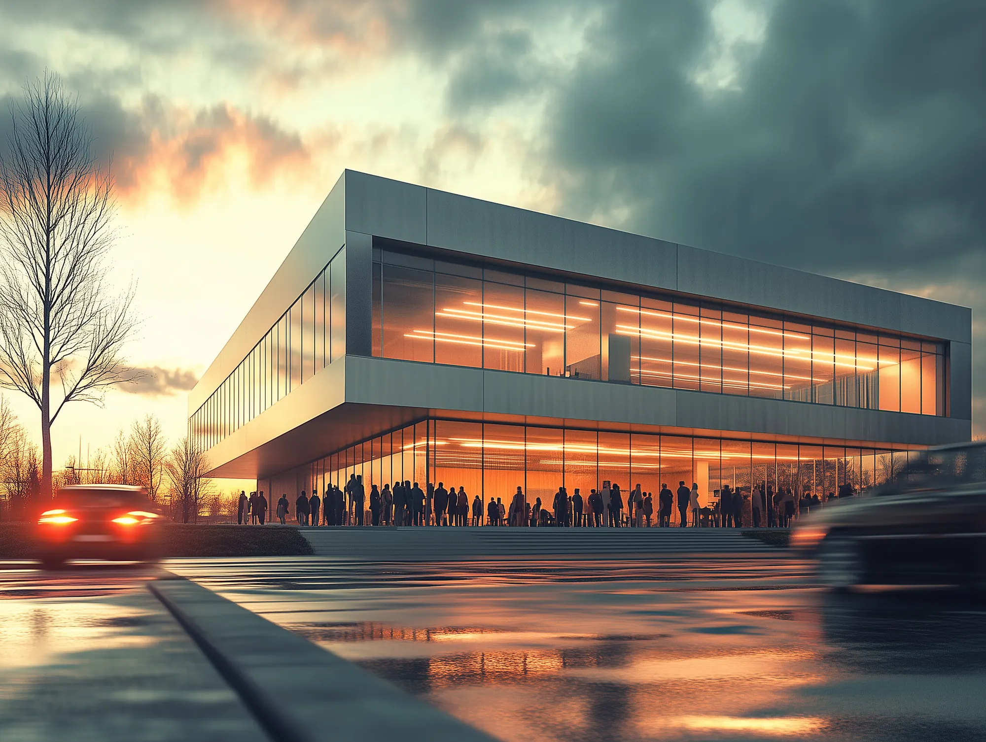 A finished commercial building at dusk