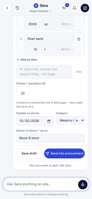 A material request drafted in Sera
