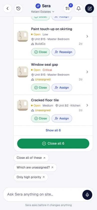 Open snags with close and assign