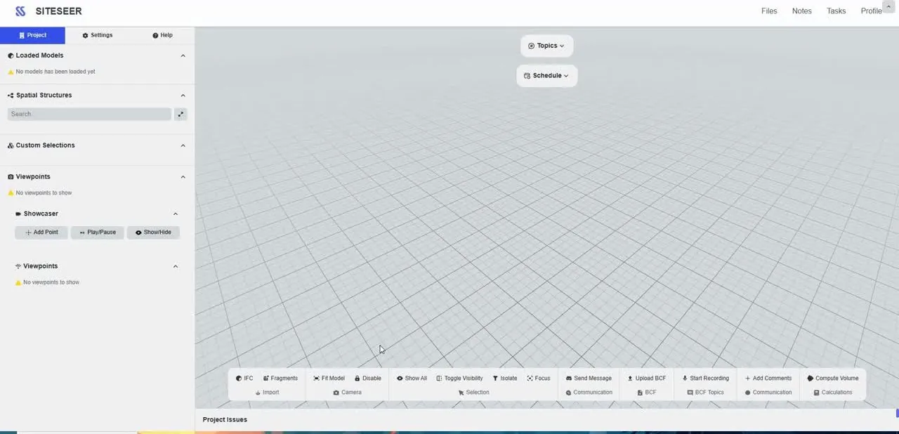 BIM workspace with topics, schedule and tools
