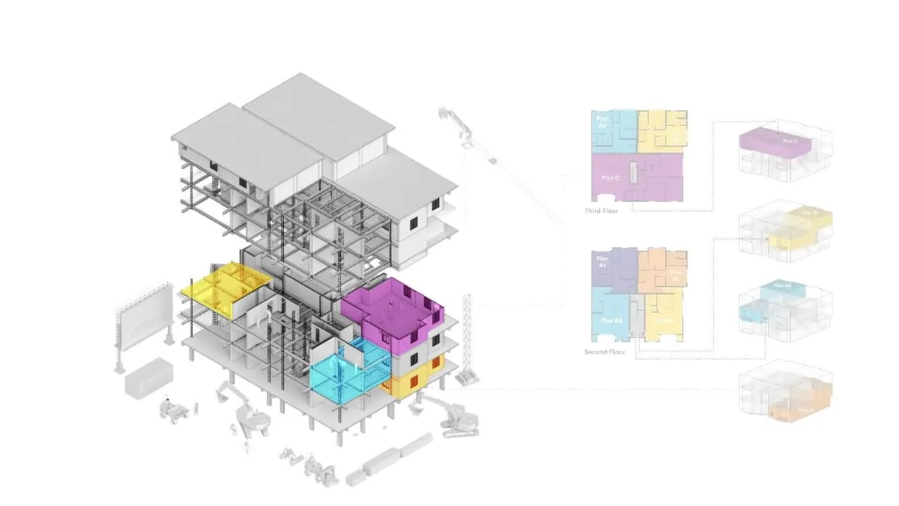 Building model split into zones by floor